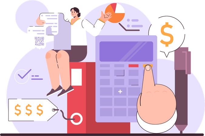 Businesswoman calculating her finances  Illustration