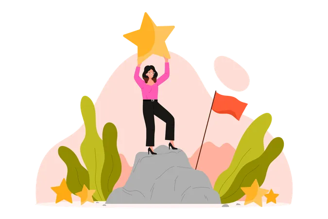 Businesswoman Career Achievement Success Mission And Challenge Leadership Woman Leader Standing On High Peak Of Mountain With Gold Winners Star And Flag After Climbing Cartoon Vector Illustration イラスト