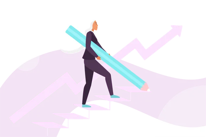 Businesswoman Career Growth Vector Illustration Cartoon Tiny Woman Holding Pencil To Draw Stairs And Climb Up With Effort Leader Upward To Reach Business Goals And Success Progress Development Illustration