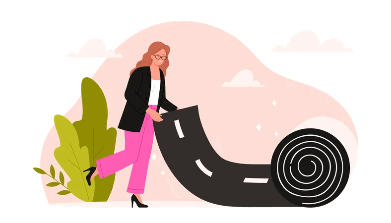 Businesswoman Career Planning And Skills Growth Woman Unrolling Carpet Of Highway Road To Make Future Career Create Own Unique Way And Begin Professional Success Cartoon Vector Illustration Illustration