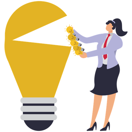Businesswoman carries many idea lamps to put into bulb  Illustration