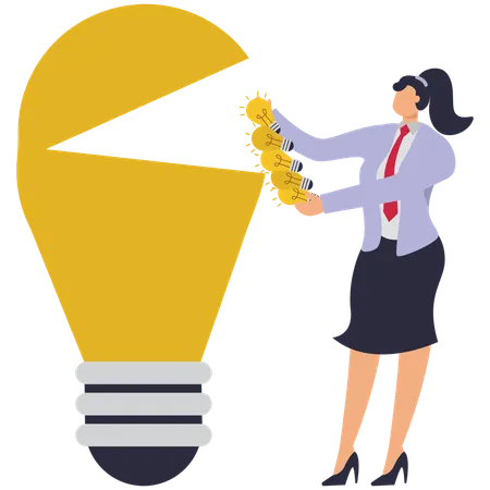 Businesswoman carries many idea lamps to put into bulb  Illustration