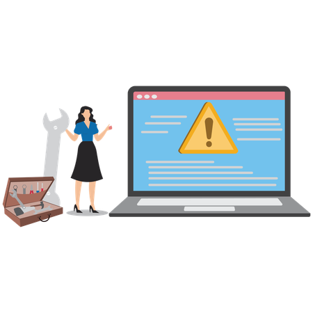 Businesswoman carrying a big key to fix problems with a computer laptop outage, technical support concept, IT expert, problem solving skill, solution  Illustration