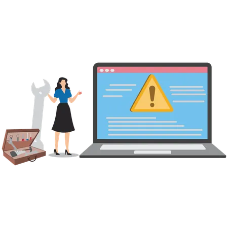 Businesswoman carrying a big key to fix problems with a computer laptop outage, technical support concept, IT expert, problem solving skill, solution  Illustration