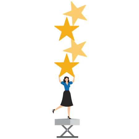 Businesswoman carrying five stars aligned vertically on his back with fatigue  Illustration