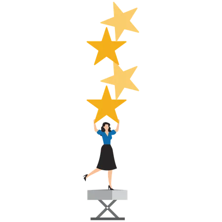 Businesswoman carrying five stars aligned vertically on his back with fatigue  Illustration