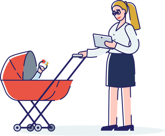 Businesswoman carrying her child inside pram Illustration
