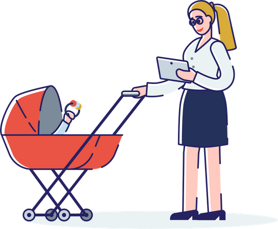 Businesswoman carrying her child inside pram  Illustration