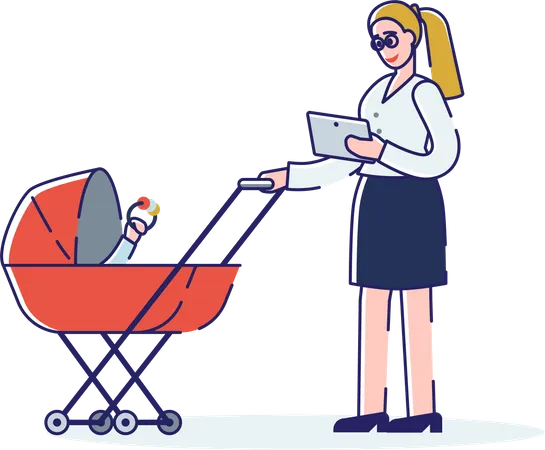 Businesswoman carrying her child inside pram  Illustration