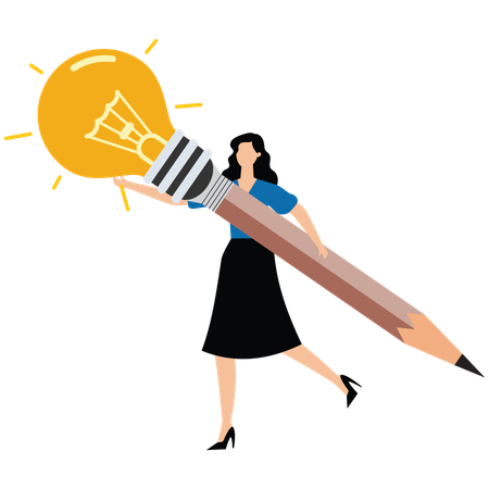 Businesswoman carrying huge shining light bulb combined with graphite pencil  Illustration