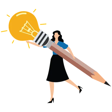 Businesswoman carrying huge shining light bulb combined with graphite pencil  Illustration