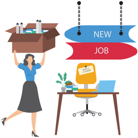 Businesswoman carrying stuff in box and moving to new job symbolizing career change  Illustration