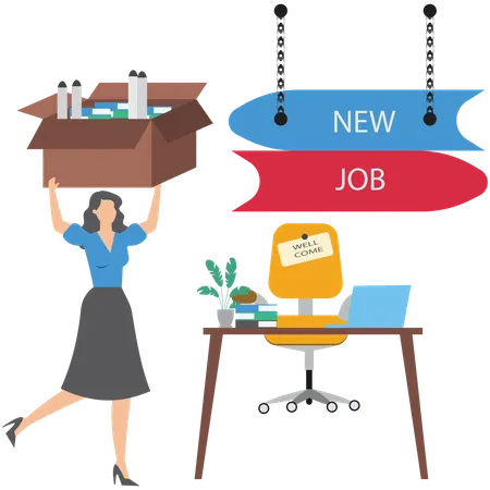 Businesswoman carrying stuff in box and moving to new job symbolizing career change  Illustration