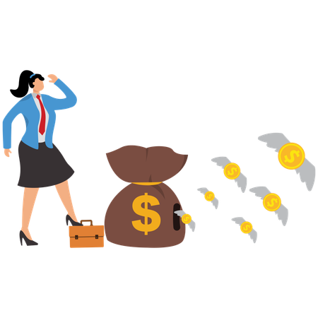 Businesswoman cash flies out from money bag  Illustration