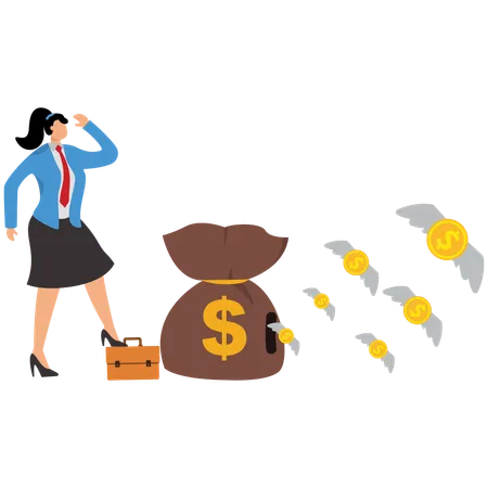 Businesswoman cash flies out from money bag  Illustration