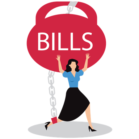 Businesswoman chained with bills  Illustration