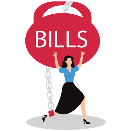 Businesswoman chained with bills  Illustration