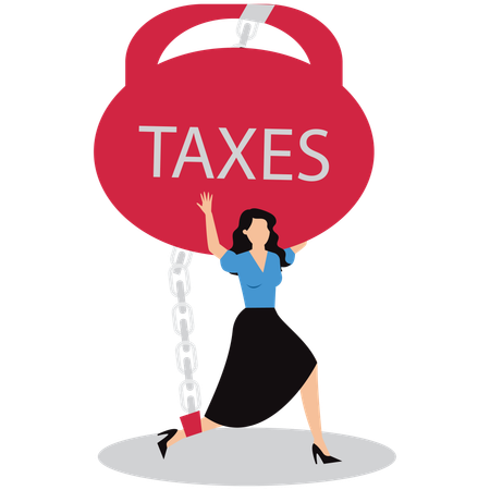 Businesswoman chained with taxes  Illustration