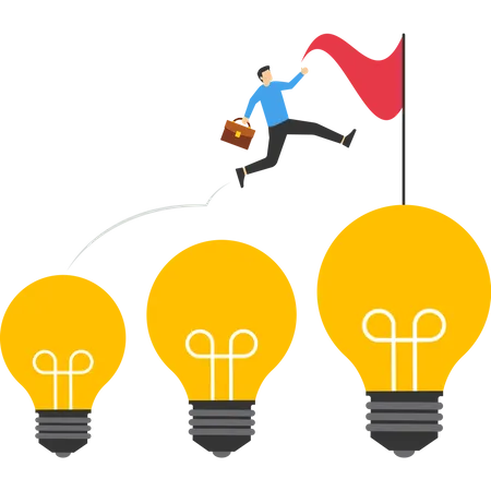 Successful Businessman Heads To The Top Of The Lightbulb Ladder To Reach The Victory Flag Fearless Successful Businesswoman Female Leadership Or Challenge And Achievement Concept イラスト