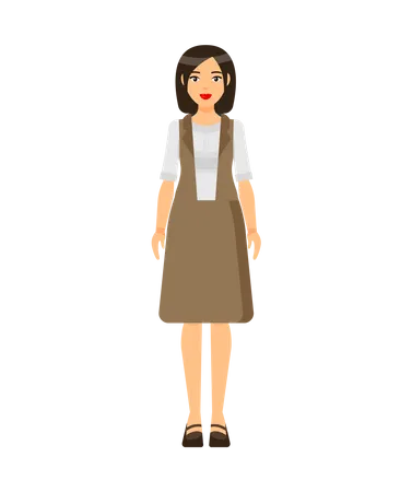 Isolated Cartoon Character Businesswoman Wearing Stylish Brown Dress Blouse Shoes Business Lady Style Dresscode Of Office Worker Brown Haired Girl With Red Lips And Bob Hairstyle Simple Portrait Illustration