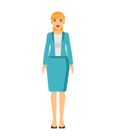 Isolated Cartoon Character Stylish Businesswoman Wearing Turquoise Office Jacket Skirt Blouse Shoes Business Lady Style Dresscode Of Office Worker Pretty Woman With Hairstyle And Accessories Illustration