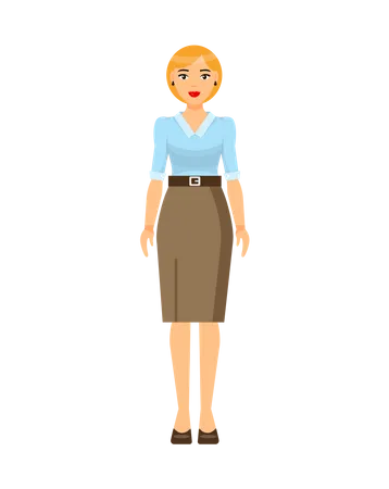 Isolated Cartoon Character Stylish Businesswoman Wearing Brown Skirt With Belt Blouse Shoes Businesslady Style Dresscode Of Office Worker Pretty Blonde With Bob Haircut Red Lips Simple Icon Illustration
