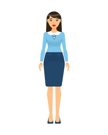 Isolated Cartoon Character Stylish Businesswoman Wearing Turquoise Skirt With Belt Blouse Shoes Business Lady Style Dresscode Of Office Worker Long Haired Brunette With Red Lips Accessories Illustration