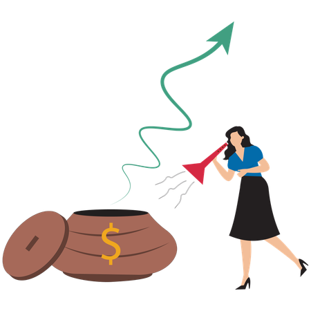 Businesswoman charming financial growth curve like a snake  Illustration