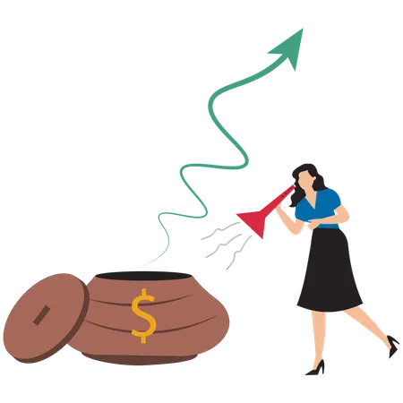 Businesswoman charming financial growth curve like a snake  Illustration