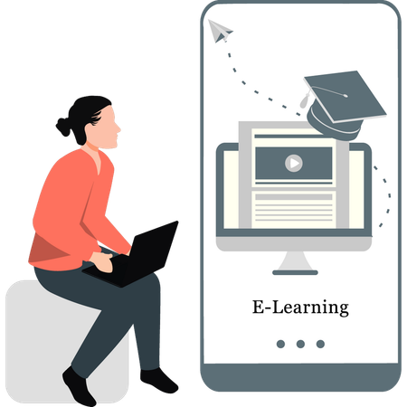 Businesswoman checking E-Learning on laptop  Illustration