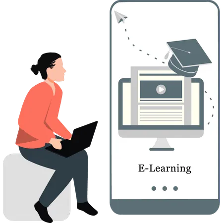 Businesswoman checking E-Learning on laptop  Illustration