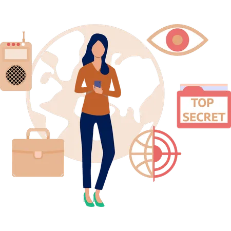 Businesswoman checking for global top secret  Illustration