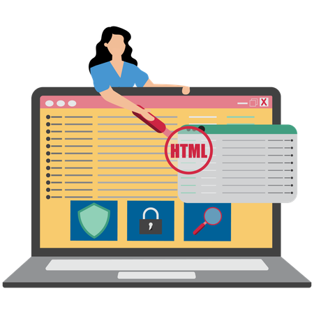 Businesswoman checking html coding on laptop  Illustration
