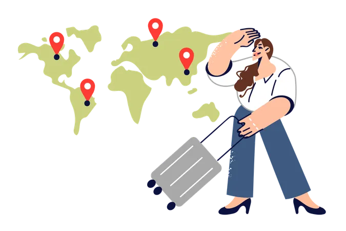 Business Woman Chooses Place For Emigration Standing Near World Map With Suitcase For Travel Expat Girl Decided To Emigration To Achieve Career Success In Country With Good Tax Laws Illustration