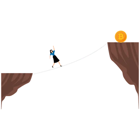 Businesswoman climb Bitcoin with rope  Illustration