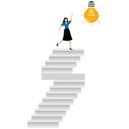 Businesswoman climb up ladder to reach lightbulb symbol for Innovation idea to drive success  Illustration