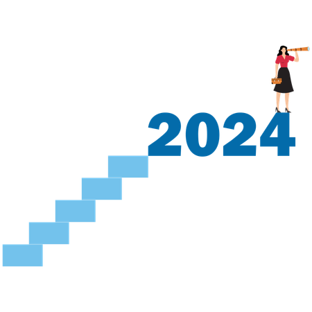 Businesswoman climb up on year 2024 to see business outlook  Illustration