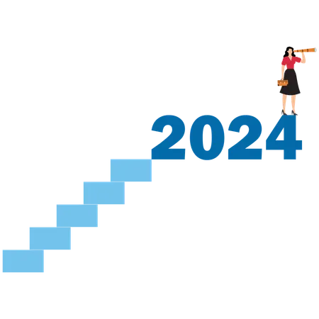 Businesswoman climb up on year 2024 to see business outlook  Illustration