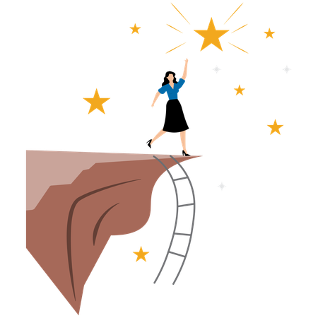 Businesswoman climbed to the top of the mountain to reach the big star  Illustration