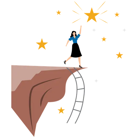 Businesswoman climbed to the top of the mountain to reach the big star  Illustration