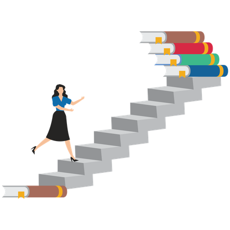 Businesswoman climbing ladder from one book to reach more books  Illustration