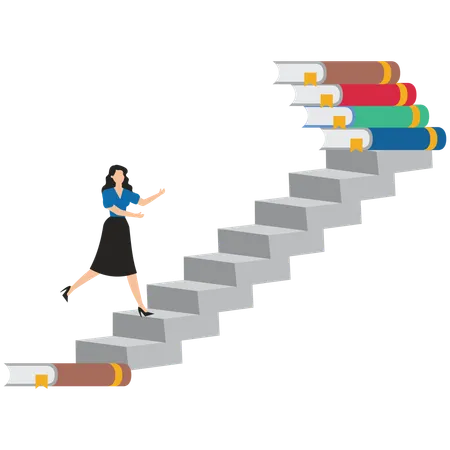 Businesswoman climbing ladder from one book to reach more books  Illustration