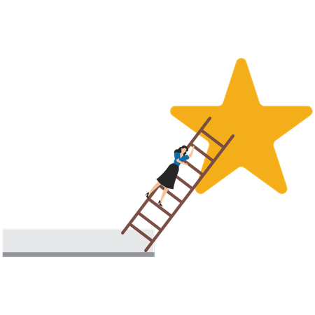 Businesswoman climbing ladder leaning against big star  Illustration