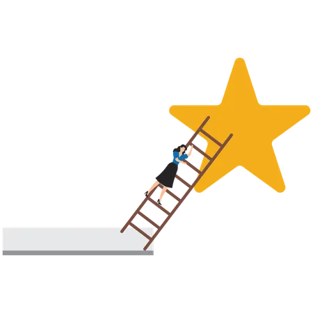 Businesswoman climbing ladder leaning against big star  Illustration