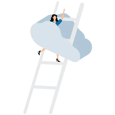 Businesswoman climbing ladder to cracked sky  Illustration