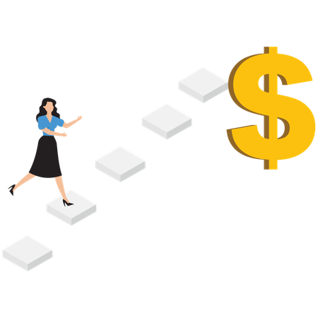 Businesswoman climbing ladder to earn money  Illustration