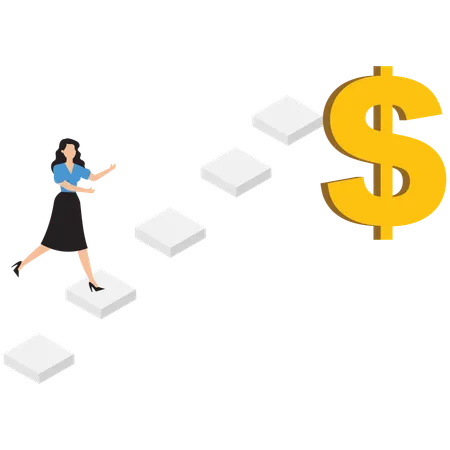 Businesswoman climbing ladder to earn money  Illustration