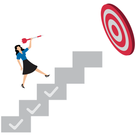 Businesswoman Climbing Ladder to Hit Arrow Target  Illustration