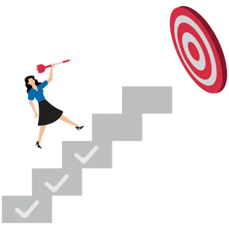 Businesswoman Climbing Ladder to Hit Arrow Target  Illustration