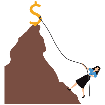 Businesswoman climbing mountain to earn finance  Illustration